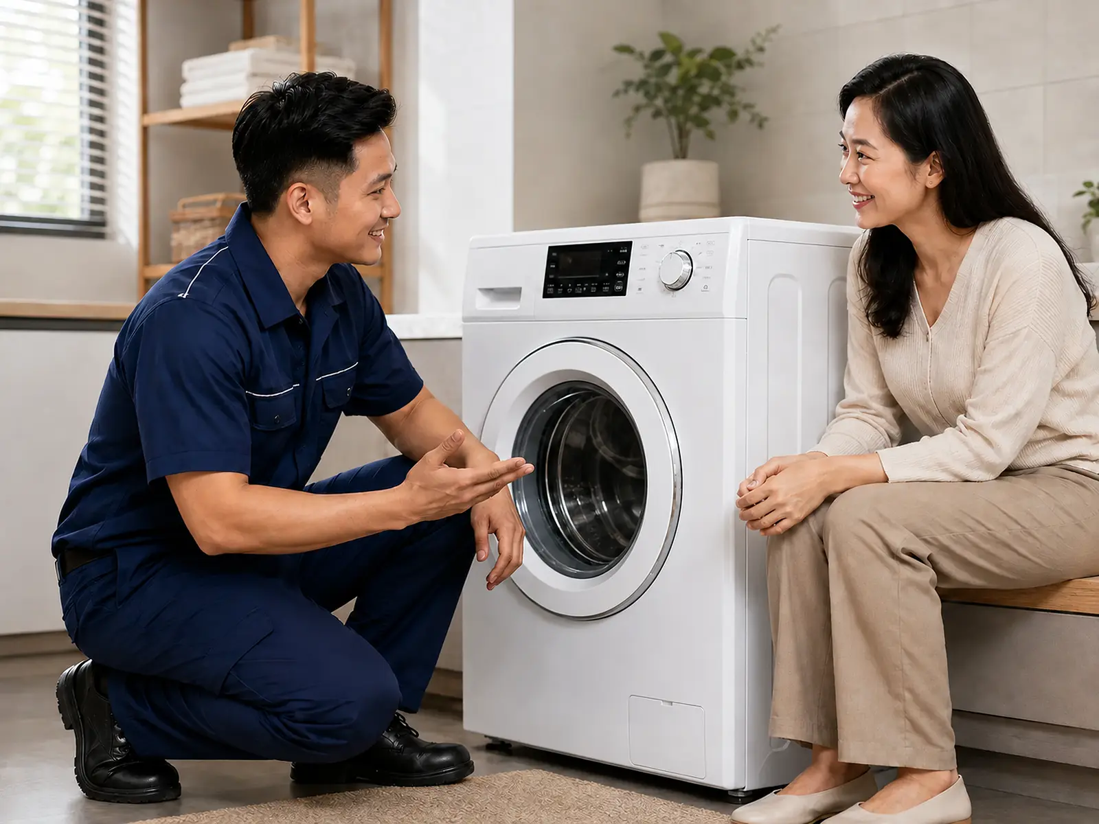 Appliance technician discussing a washing machine with a customer