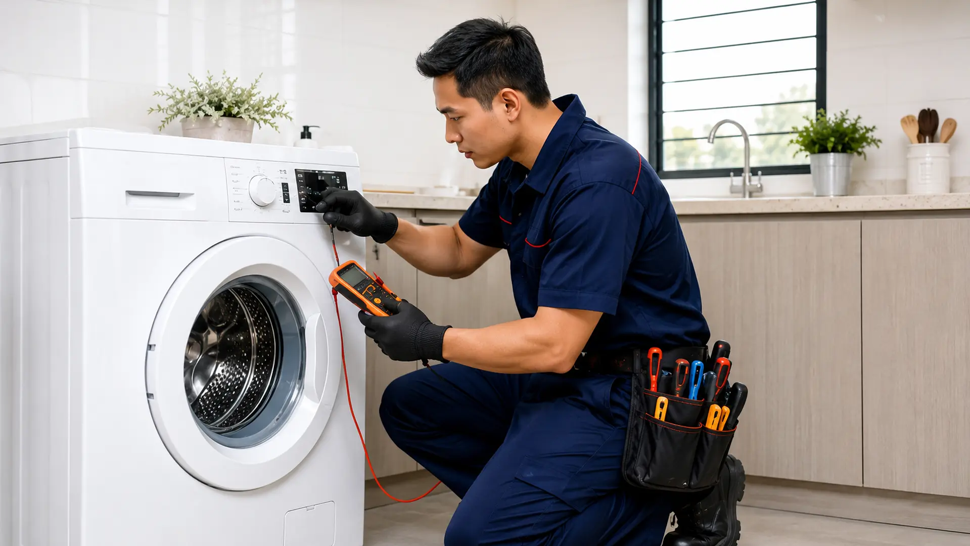 Technician checking a front-load washing machine