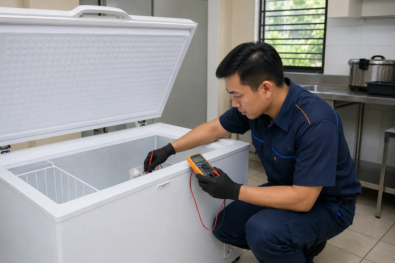 Technician checking a chest freezer thermostat and cooling system