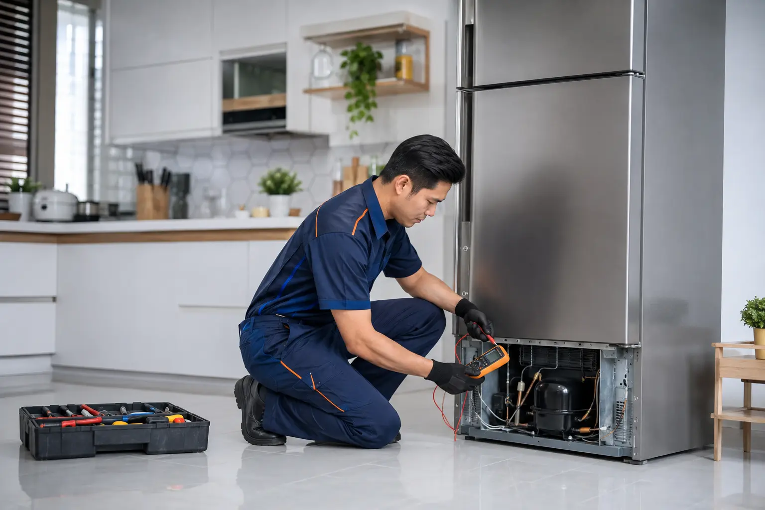 Technician diagnosing the cooling components of a two-door refrigerator