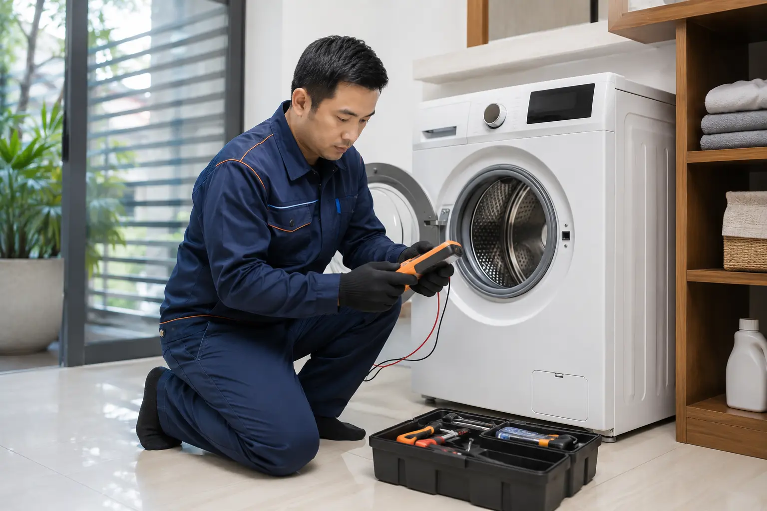 Technician inspecting a front-load washing machine in Kuala Lumpur and Selangor